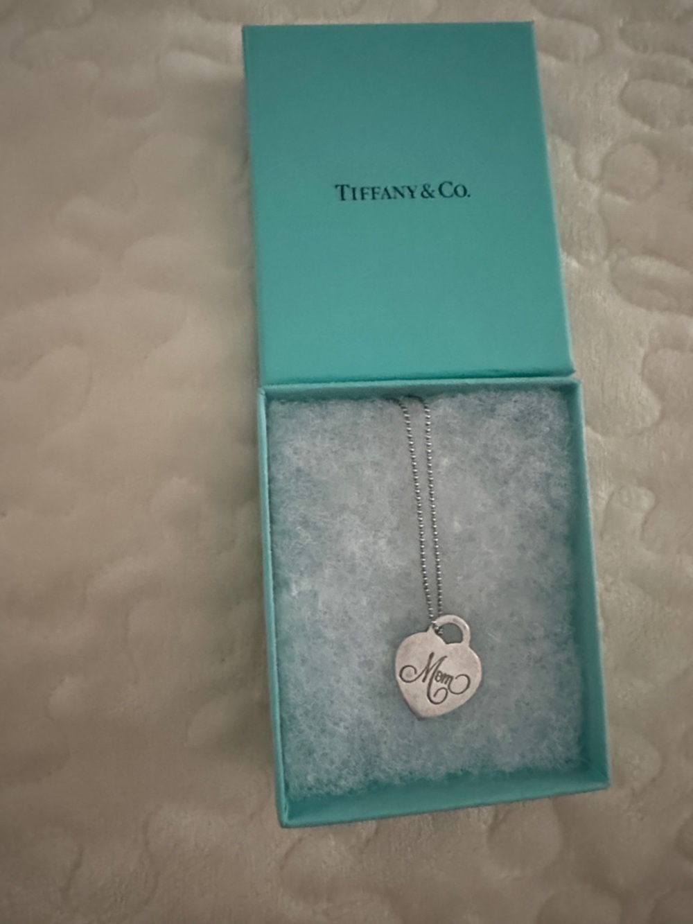 Tiffany & Co. Sterling Silver Heart 'Mom' Pendant Necklace - Blue Green Box
